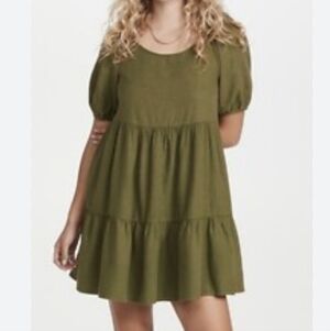 Madewell Tiered Puff Sleeve Dress Pockets Army Green Size XL